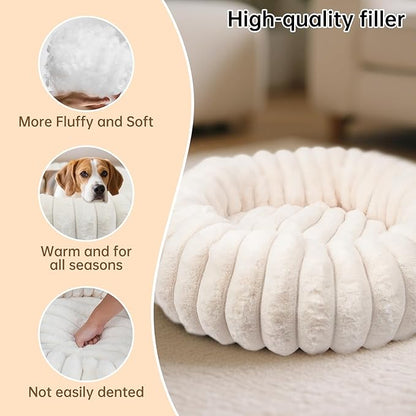 Donut Dog and Cat Bed, Luxurious Comfortable Faux Rabbit Fur Pet Beds, Round Anti-Anxiety Calming Puppy Kitten Bed with Anti-Slip Bottom for Small Medium Large Dogs & Cats(36", White)