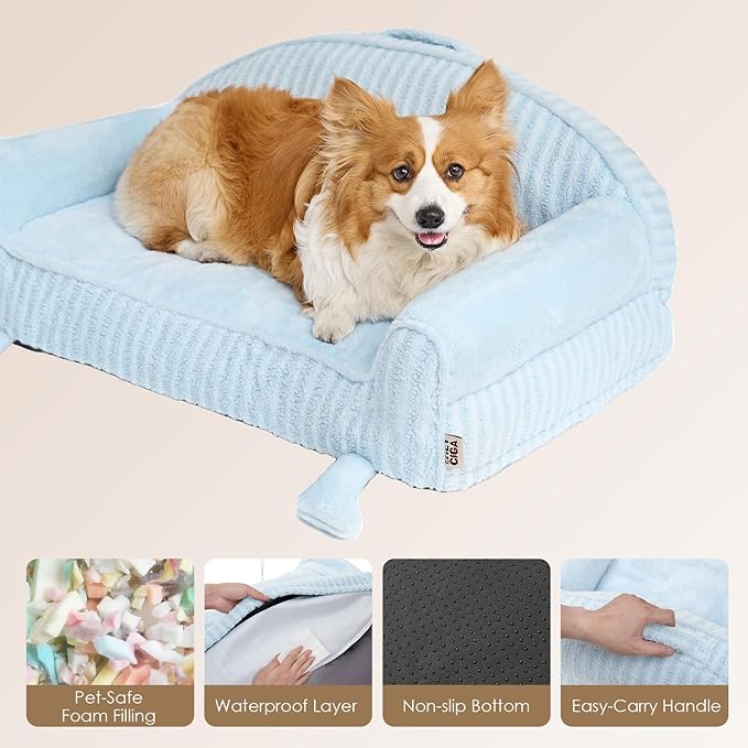 EHEYCIGA Washable Dog Beds for Large Dogs 36 Inch - Striped Cat Couch for Indoor Cats with Removable Cover, Shredded Memory Foam Waterproof Puppy Bed with Non - Slip Bottom, Blue