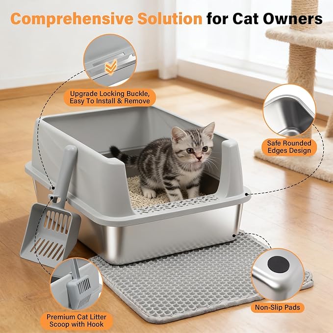 Stainless Steel Cat Litter Box, Metal Litter Box with High Sides Lid for Kittens, Medium Cat, Include Scoop and Mat, Non-Sticky, Anti-Leakage, Easy to Clean, M