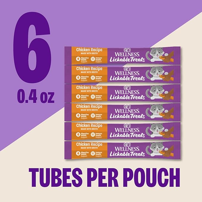 Wellness Lickable Treats Soft Puree Natural Grain Free Adult Cat Treats, Chicken Recipe, Contains 6-0.4 Ounce Squeezable Tubes