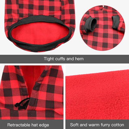 Red Plaid Dog Hoodie Sweater for Large Dogs Pet Clothes with Hat and Pocket（L）