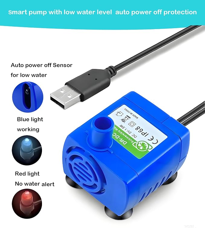 Cat Water Fountain Replacement Pump for DR-DC160 | IP68 Stainless Steel Submersible Pump, Quiet Design & Auto Shutoff Sensor for Pet Automatic Drinking Dispenser