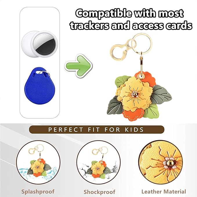 BORKUANA Leather Keychain Holder Case Compatible with AirTag,Cute Protective Cover with Keyring