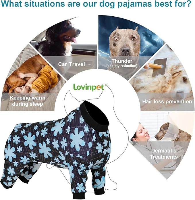 LovinPet Large Pet Pajamas, Pet Anxiety Relief Shirt, Sun Protection Dog Onesie, Comfy Stretchy Fabric, Sage Print, Big Dog Surgery Recovery PJ's, Dog Party Apparel, Black XL