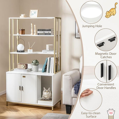 PETSITE Cat Litter Box Furniture with 3 Shelves and Doors, 61 inch Tall Cat Box Enclosure with Display Shelves, Scratching Pad, Indoor Hidden Litter Box with Decorative Storage Shelving (White)