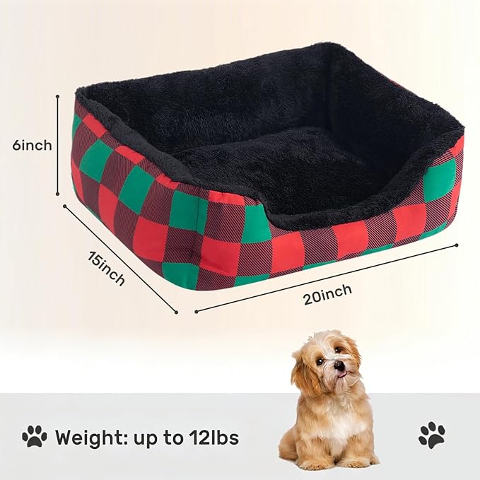Hollypet Printed Flannel Rectangle Plush Dog Cat Bed Self-Warming Pet Bed, Christmas Red and Green Check