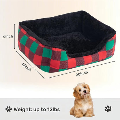 Hollypet Printed Flannel Rectangle Plush Dog Cat Bed Self-Warming Pet Bed, Christmas Red and Green Check