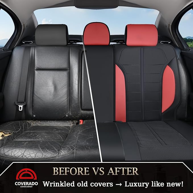 Coverado 3D Air Mesh Rear Car Seat Cover, Sports Carbon Fiber Design, Breathable Seat Protectors Airbag Compatible Comfort Universal for Most Cars, Van,Trucks, SUV, Black&Wine