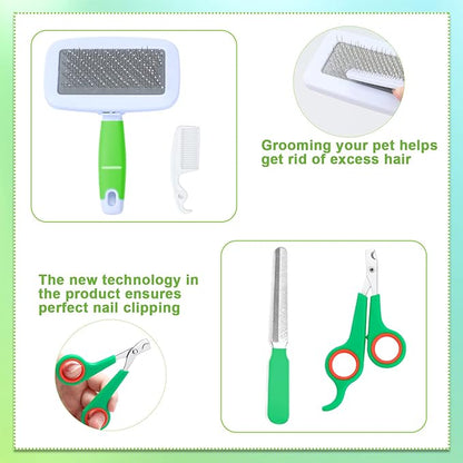 VCZONE 8 Pcs Small Animal Grooming Kit, Pink with Pet Nail Clipper and File, Flea Comb, Pet Shampoo Bath Brush, Pet Shedding Slicker Brush, Bath Massage Glove, Cleaning Comb (Green)