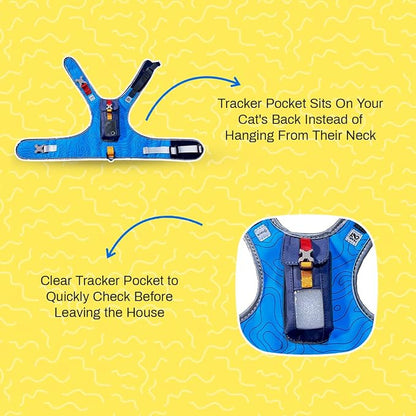 Travel CAT The Pathfinder Cat Harness with GPS Tracker Pocket - Powered by Tractive Cat Harness Escape Proof - Walking Escape Proof Harness for Small, Large Cat, Kitten (Blue, Large)