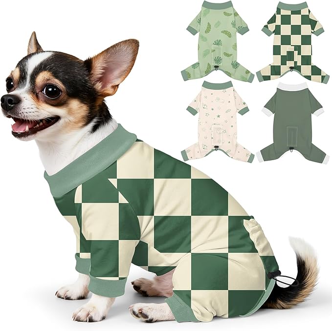 Bienbee Dog Pajamas, 4 Pack Dog Recovery Suit Shedding Suit Cute Soft Puppy Clothes Dogs Pjs Onesies Jammies Adjustable Breathable & Stretchy Clothes for Small Medium Large Dogs Girl Boy Puppy-XS