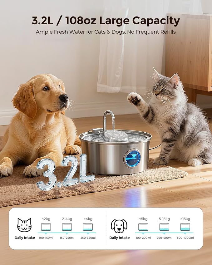 Invengo Cat Water Fountain Stainless Steel, 3.2L/108oz Pet Drinking Fountain for Cats Dogs, Automatic Cat Fountain with 2 Flow Modes, Splash-Proof Bowl, Includes 6 Replacement Filters