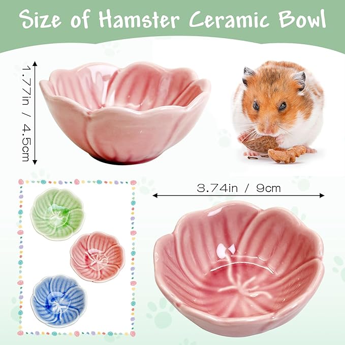 BNOSDM 2 Pcs Hamster Ceramic Food Bowl Flower Series Gerbil Drinking Bowls Anti-Turning Food & Water Dish for Dwarf Syrian Hamsters Gerbil Chinchilla（Pink, Narcissus Pattern）