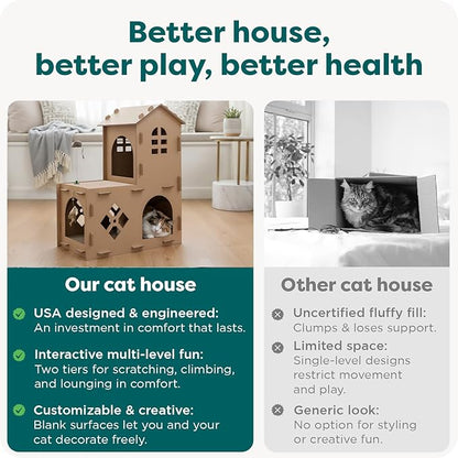 FurHaven Farmhouse Multi-Level Cardboard Cat House for Indoor Cats with Catnip & Toys, Double-Walled Corrugated Scratcher Designed for Lounging, Play & Comfort, One Size, Cardboard, Brown