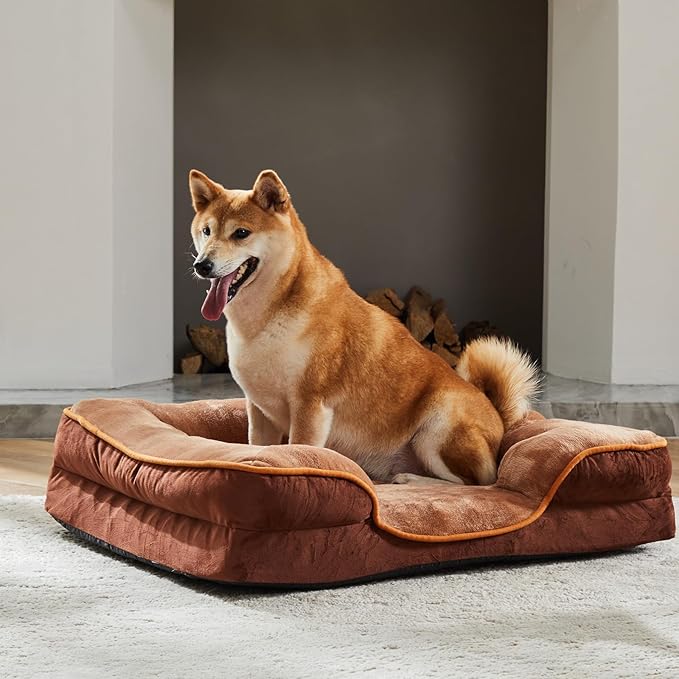 Sweetcrispy 35"x25" Orthopedic Dog Bed, Large Memory Foam Puppy Cat Bed with Washable Waterproof Removable Cover & Non-Slip Bottom for Pet Calming Sleeping, Brown