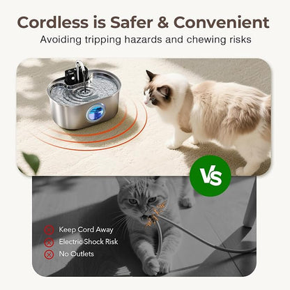 PEKTACO Wireless Cat Water Fountain, 108oz/3.2L Stainless Steel, 3 Filters | 3 smart modes, 25 dB quiet pump, multi-layer filtration, BPA-free parts, dishwasher-safe bowl, easy-clean for daily use
