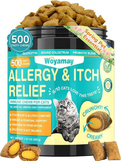 Woyamay Cat Allergy Relief for Cats, 500 Crunchy & Creamy Anti-Itch and Immunity Chews for Itchy Skin, Paws, Eyes, Ears| Stop Licking & Scratching, Supports Seasonal Itching, Chicken Flavor