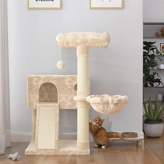 SHA CERLIN Cat Tree 36 Inches Cat Tower with Hammock, Sisal Scratching Post for Indoor Kittens, Small Room, Beige