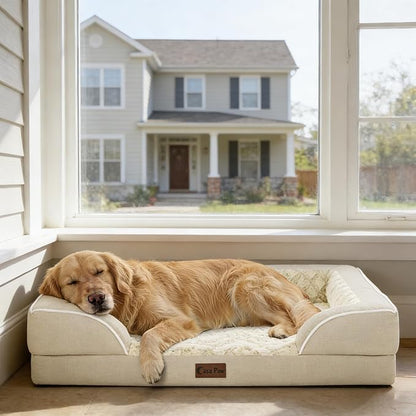 Orthopedic Dog Beds for Large Sized Dogs, Waterproof Memory Foam Large Pet Bed with Sides 35x22Inch, Non-Slip and Egg-Crate Foam Big Dog Couch Bed with Removable Washable Cover, Beige