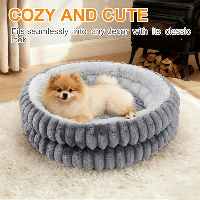 Washable Round Donut Dog Bed,Cat Beds for Indoor Cats,Fluffy Puppy Dogs Beds for Small Dogs with Anti-Slip Bottom(Grey,M)