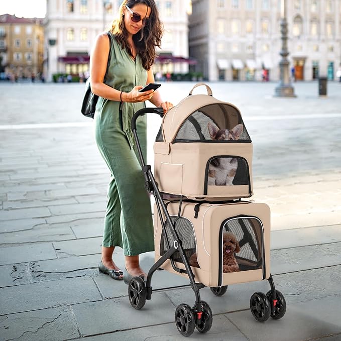 PETSITE Double Dog Stroller, Foldable 3-in-1 4 Wheels Cat Stroller with 2 Detachable Carriers, Safety Belt, Washable Cover, Removable Pads for Small Medium Dogs Cats (Beige)