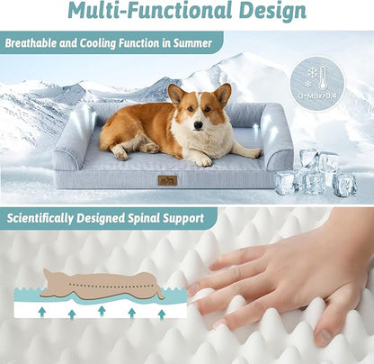 Cooling Dog Bed, Orthopedic Foam Dog Bed with Sides, Removable Cover & Waterproof Lining and Nonskid Bottom, Comfortable Pet Beds for Medium Dogs, Blue (36" L x 27" W x 6.5" Th)