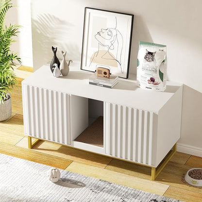 Halitaa Double Litter Box Enclosure,Modern Cat Litter Box Enclosure for 2 Cats, Hidden Litter Box with Cat Scratch Pad, Cat Washroom Cat House End Table, Entryway Bench for Livingroom (White)