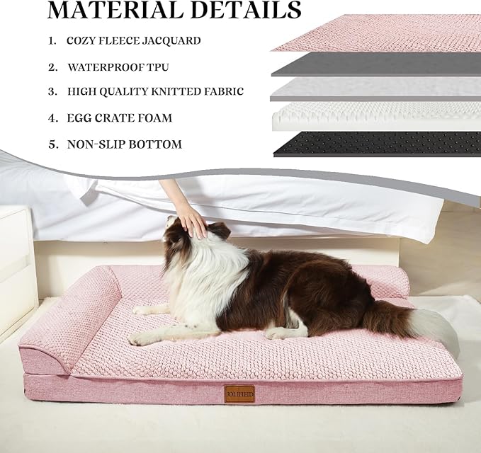 Orthopedic Dog Bed Medium Size Dog 30''X20'', Waterproof L Bolster Egg Crate Foam Pet Crate Beds with Washable Removable Cover, Non-Slip Soft Pet Couch Sleep Mat, Pink