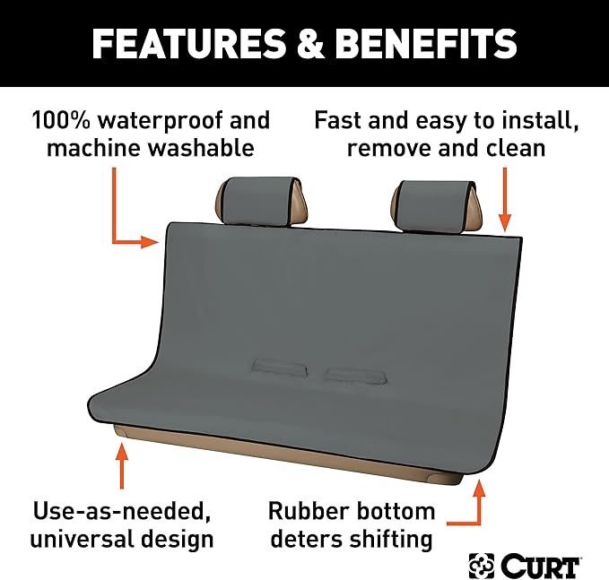 CURT 18510 Seat Defender 58-Inch x 55-Inch Grey Waterproof Universal Bench Car Seat Cover Protector