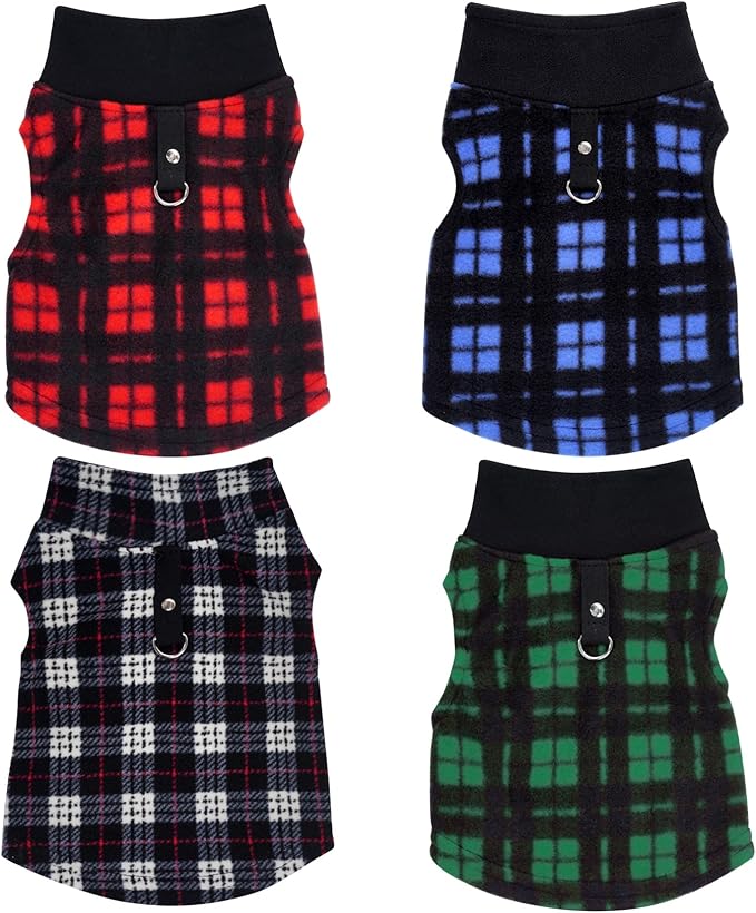Rbenxia 4-Piece Buffalo Plaid Dog Sweater Set - Soft Fleece Vest & Pullover Jacket with Leash Ring for Puppy, Cat & Small Dog Pets - Warm Winter Outfits (X-Small)