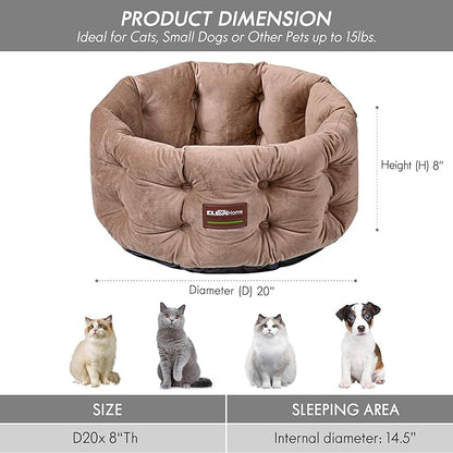 ClevaHome Deep Nest Cat Beds for Indoor Cats, Washable Round Cat Bed, Cute Kitten Bed with Anti-Slip Bottom for Kitty and Puppy, 20inches, Warm Beige