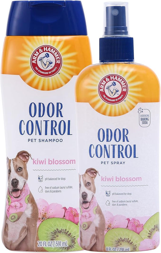 Arm & Hammer Pet Deodorizing Bundle: Super Odor Eliminating Shampoo, 20 Fl Oz and Spray, 8 Fl Oz | Kiwi Blossom Scent | For All Dogs & Puppies