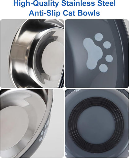 Stainless Steel Cat Bowl Set - Whisker Friendly Wide Shallow Cat Food Bowls, Non-Slip Cat Dishes, 6-Pack Cats Food & Water Bowls for Multi-Cat Homes, Indoor & Outdoor Use