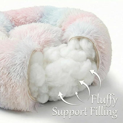 Tiny Dog Bed 15 Inch for Extra Small Dogs,Washable Puppy Bed,Soft Faux Fur Calming Donut Bed for Chihuahua Yorkie Maltese Pomeranian,Rainbow