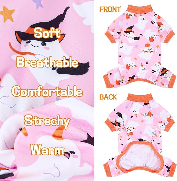 XPUDAC Halloween Ghost Dog Clothes Soft Strechy Puppy Pajamas Doggie Pjs Puppy Onesie Pet Outfits Cat Jumpsuits, 222-S
