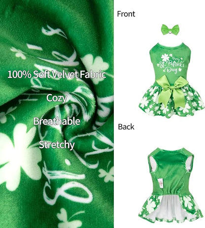 CuteBone St.Patrick's Day Dog Green Dress Velvet for Small Dogs Girl Puppy Dresses Clover Dog Clothes CVA14S-D