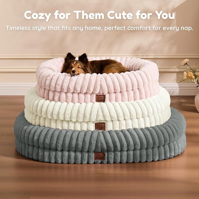 ChiXnuggle Dog Bed Medium Sized Dog - Luxury Striped Faux Fur Waterproof Pet Couch with Removable Washable Cover, Orthopedic Pet Bed with Bolster Sides for Sleeping, Grey