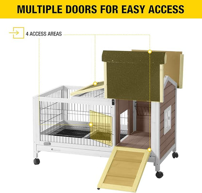 Aivituvin Rabbit Hutch Indoor Bunny Cage Outdoor Bunny House with Wire Floor Leakproof Plastic Tray, Brown