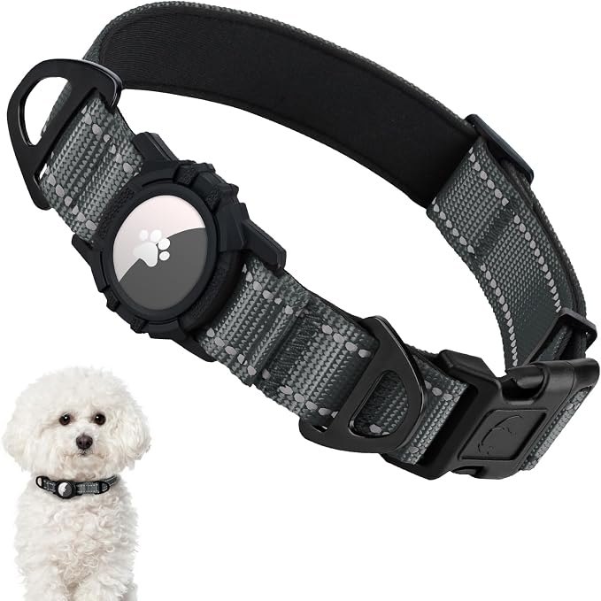 Taglory AirTag Dog Collar with Waterproof Holder for Small Dogs, Gray, S | Reflective for Night Walks & Low-Light Safety, Track Your Pup Peace of Mind, Adjustable Soft Padded, No More Dangling Tags