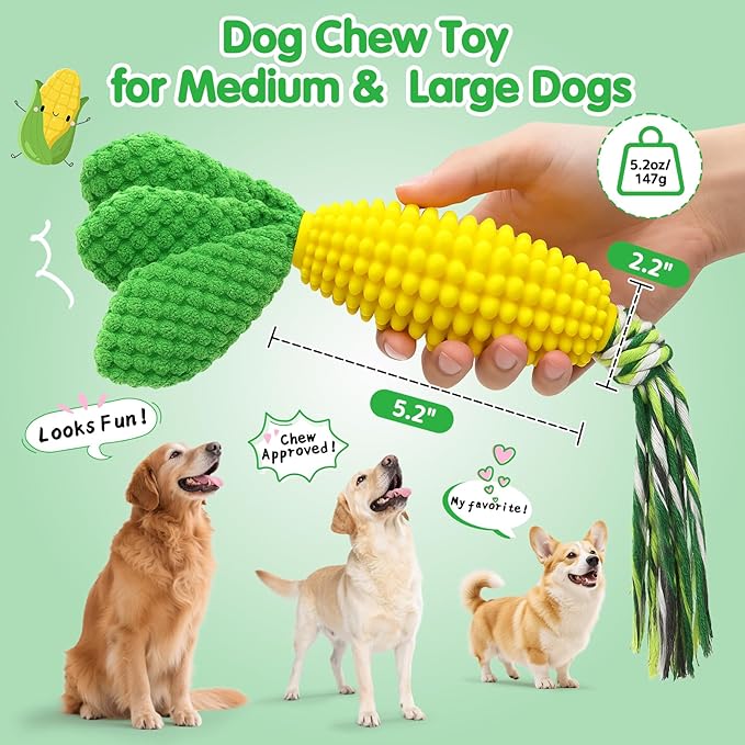 TOOPTATE Dog Chew Toys – Squeaky Corn Dog Toys to Keep Them Busy, Soft Durable Teething Toys for Medium and Large Dogs