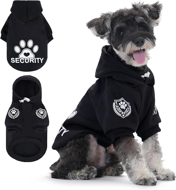BEAUTYZOO Security Dog Hoodie Sweaters for Small Medium Large Dogs, Brushed Fleece Dog Clothes with Hat,Soft Winter Fall Coat All Weather Pullover, Classic Halloween Costume with Leash Hole, Black L