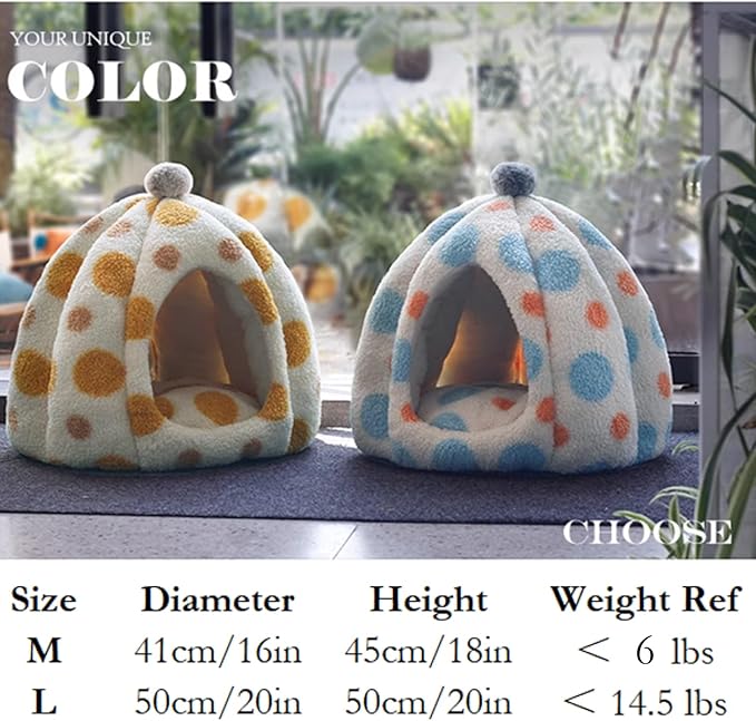 Cat Polka Dot Yurt Bed, Plush Warm Semi-Enclosed Cave Hideaway, Soft Comfy House for Indoor Kitten (Orange,Large)