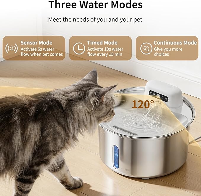 YFL Cordless Cat Water Fountain, 3.2L/108oz Stainless Steel Pet Water Fountain with Motion Sensor & Visual Filter, 4000mAh Battery Operated Quiet Cat Drinking Fountain for Cats & Dogs