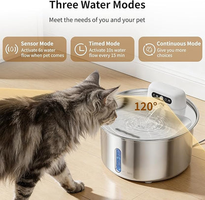 YFL Cordless Cat Water Fountain, 3.2L/108oz Stainless Steel Pet Water Fountain with Motion Sensor & Visual Filter, 4000mAh Battery Operated Quiet Cat Drinking Fountain for Cats & Dogs