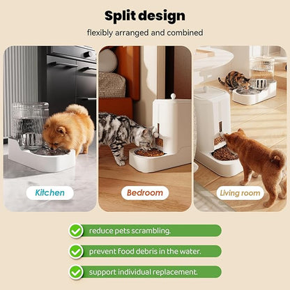 JUNSPOW Automatic Cat Feeder Dog Water Bowl Dispenser Set with Stainless Steel Bowl, Adjustable Food Dispensing & Keep Food Dry, Auto Pet Feeder and Waterer for Cats and Dogs