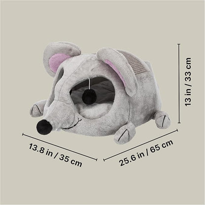 TRIXIE Lukas Cuddly Cave, Plush Mouse Character Cat Condo, Sisal Cat Scratcher, Crinkle Fabric, Padded Bed, Gray