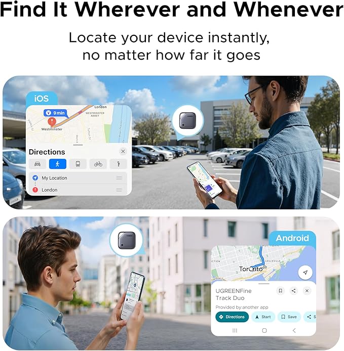 UGREEN Finder Duo (iOS and Android) Air Tracker Tags 4 Pack, Rechargeable Android Tracker Tags Bluetooth Key Finder Compatible with iOS and Android for Keys, Luggage and More