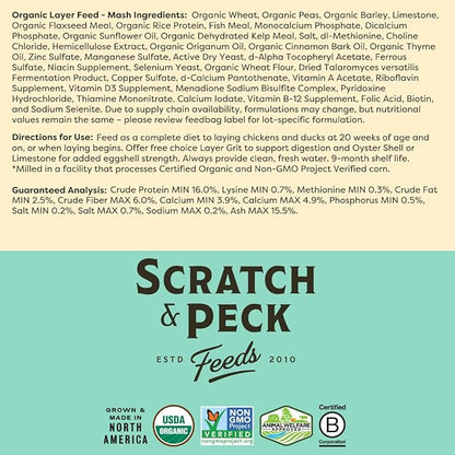 Scratch and Peck Feeds Whole Grain Layer Mash Chicken and Duck Feed - 25 lbs Bag - Corn-Free and Soy-Free - 16% Protein, Certified Organic and Non-GMO Project Verified Chicken Food