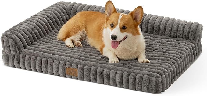 COZY KISS Cute Dog Bed, Faux Rabbit Fur Orthopedic Foam Dog Bed with Sides, Removable Washable Cover & Waterproof Lining, Comfortable Pet Couch for Medium Dogs, Grey (36" L x 27" W x 6.5" Th)