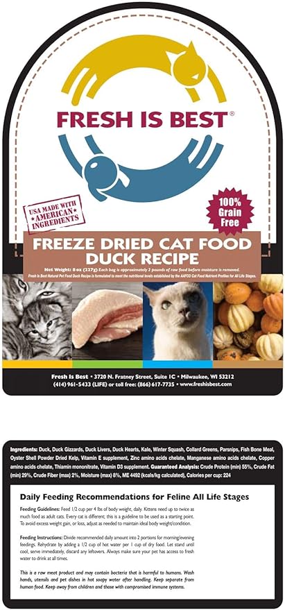 Fresh Is Best Duck Freeze Dried Cat Food – Raw Cat Food for Kittens & Adult Felines – High-Protein Freeze Dried Duck in Resealable Zipper Bag – Made in the USA – 8 oz